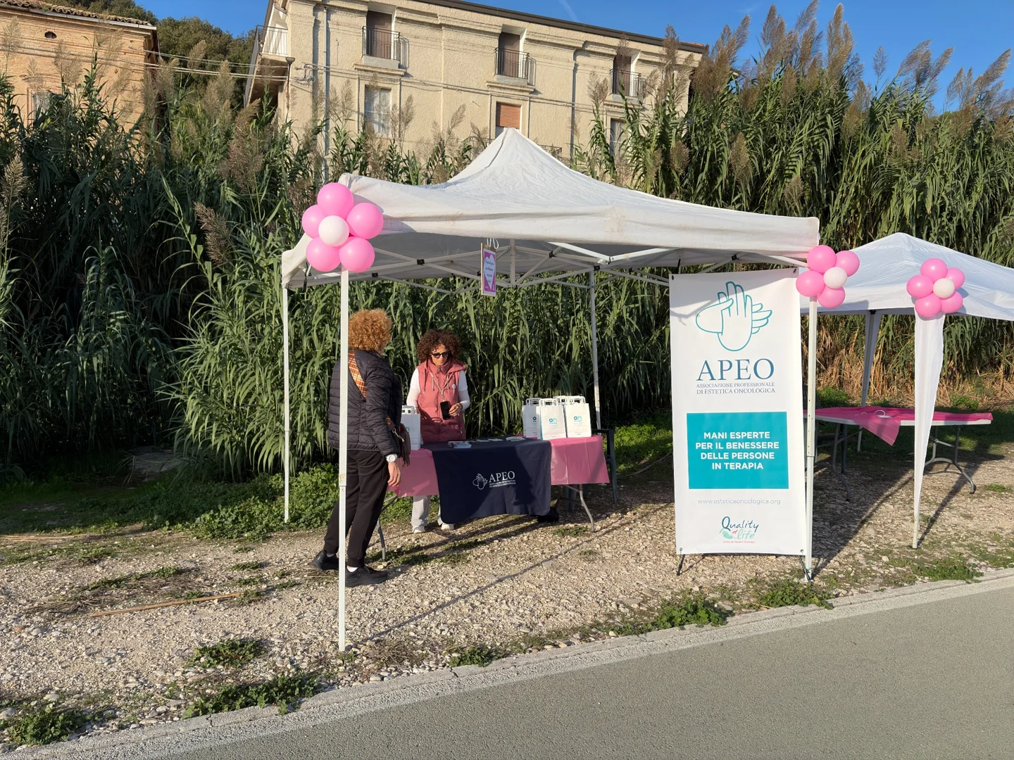 An association gazebo with pink balloons