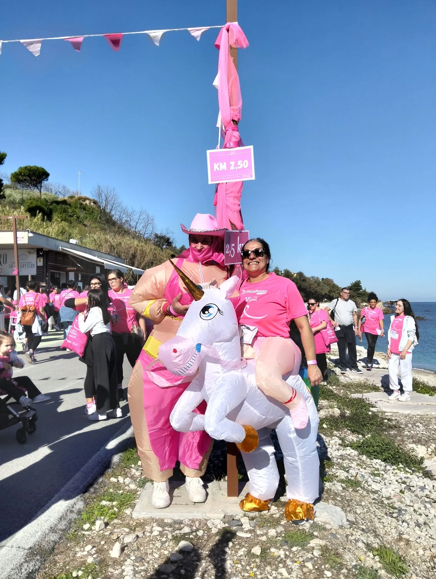 Participants in costume and pink T-shirts